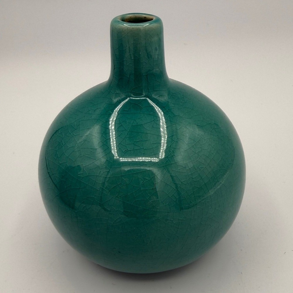 Crate and Barrel Perry Short Bud Vase Turquoise Crackle 4.5" 658-846